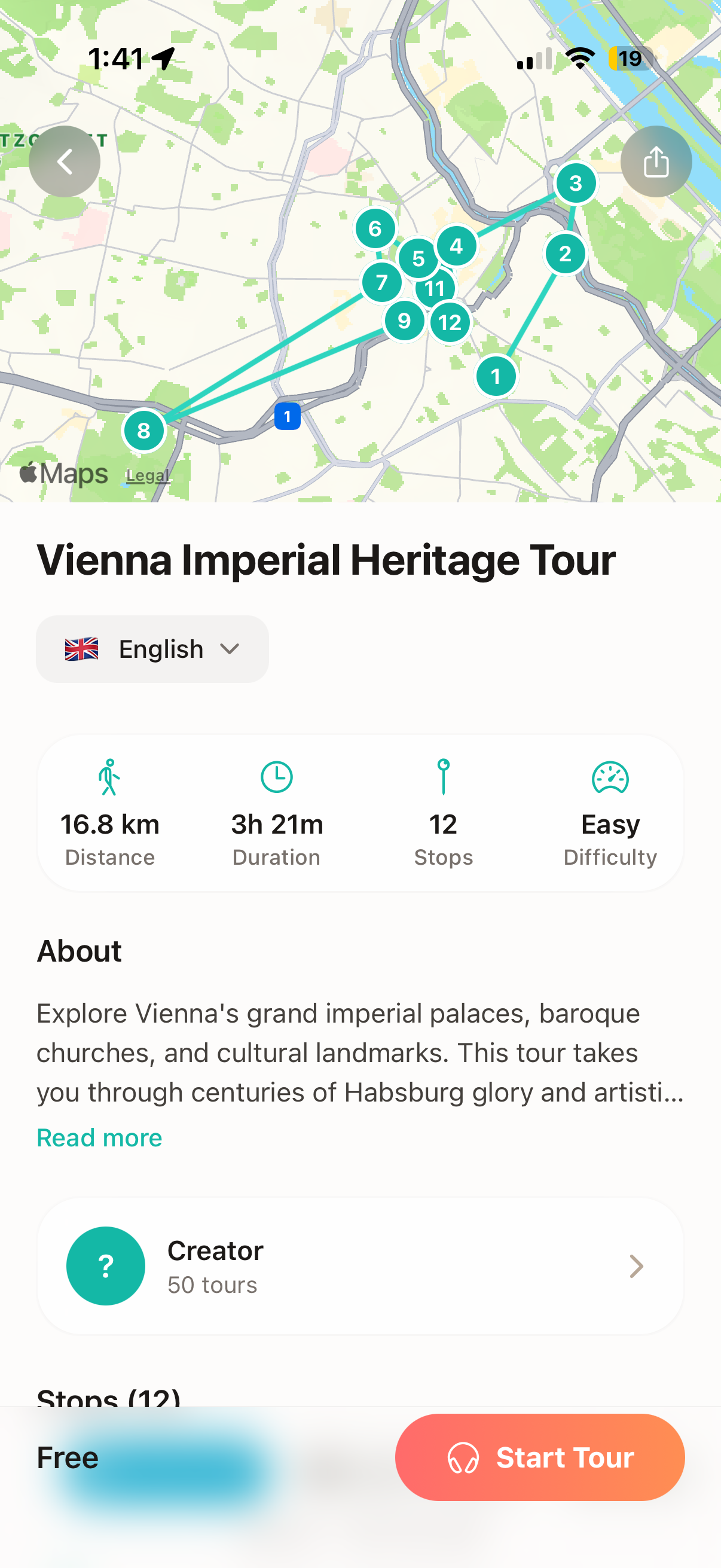 Wexplo tour detail screen with map route and numbered stops